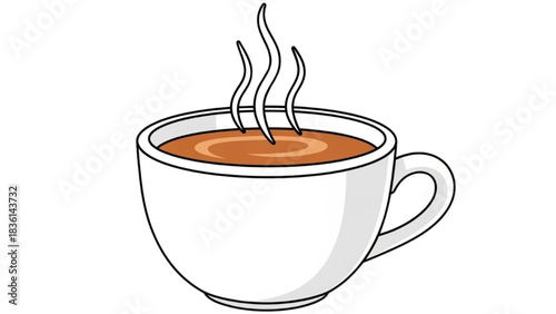 A classic white ceramic mug with a hot, steaming beverage like coffee or tea, isolated on a plain background