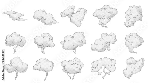A collection of hand-drawn cartoon smoke, dust clouds, and steam puffs for comic effects