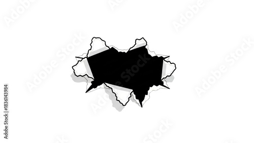 Realistic hole tear ripped through white paper with rough jagged edges and shadows