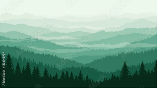 Serene green mountain range landscape with misty valleys and a dense pine forest