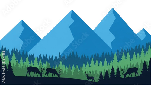 Silhouette of a deer herd grazing in a pine forest with majestic blue mountains in the background