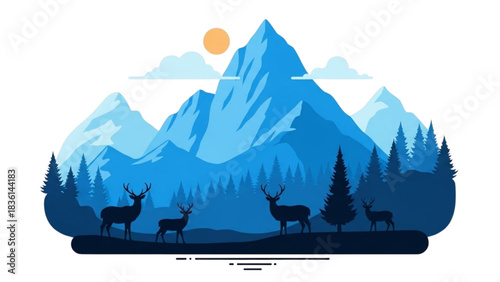 Serene Blue Mountains with Silhouettes of Deer Amidst Pine Trees