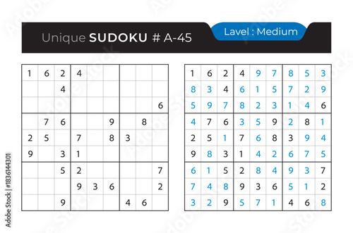 Sudoku puzzle with answer. Vector puzzle game with numbers for kids and adults. 9x9 sudoku Illustration on white background.