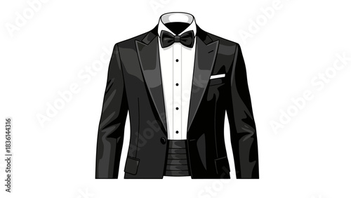 Black tuxedo jacket with white pleated shirt bow tie and cummerbund