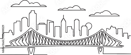 Continuous line illustration of the Brisbane skyline with the Story Bridge outline in a minimal elegant drawing