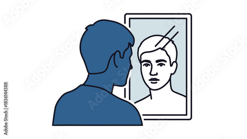 Blue silhouette of a man looking at his reflection in a mirror