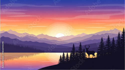 Sunset Over Mountains and Lake with Deer Silhouette A Serene Landscape