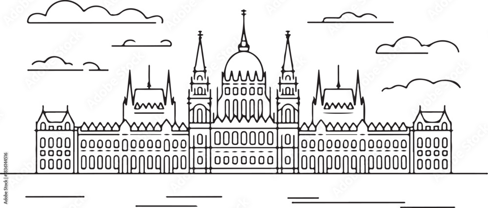Fototapeta premium Continuous line illustration of the Budapest skyline facing the Pest side towers in a minimal elegant outline drawing