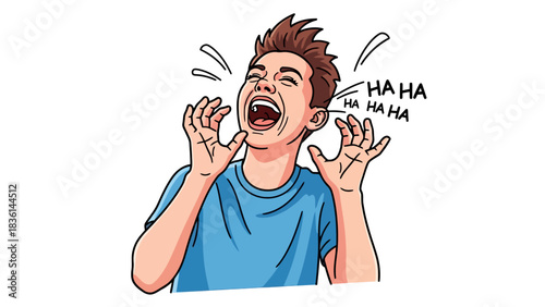 Cartoon illustration of a young man laughing intensely with hands raised