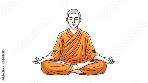 Cartoon monk meditating in orange robes on a white background
