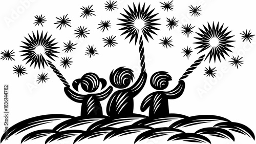 Three stylized figures holding up starbursts with many stars in the background in black and white
