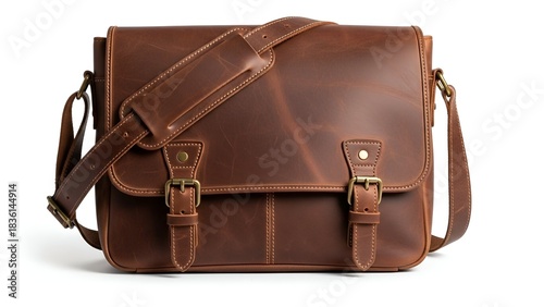 Rustic brown leather messenger bag with adjustable strap and buckles, isolated on white