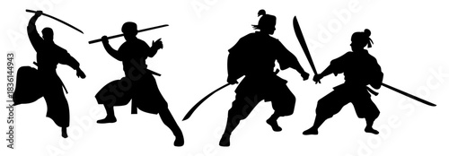 Samurai Silhouette Set. Traditional Warrior with Katana Poses Vector Collection