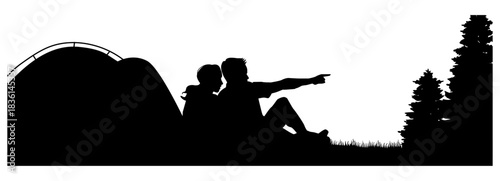 Camping Silhouette Vector. Scenic Forest Landscape with Tent Near Lake and Pine Trees Under Open Sky.