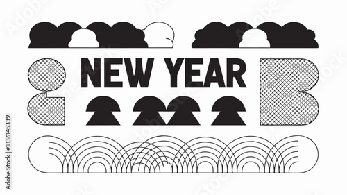 Black and white new year graphic with clouds, shapes, and arches in a minimalist design aesthetic style
