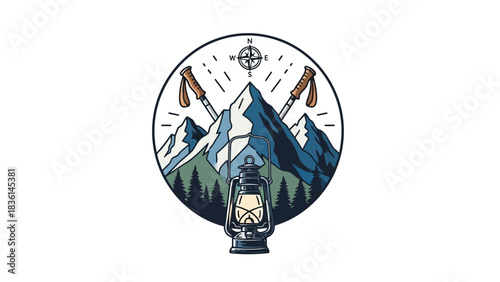 Circular badge design featuring mountains crossed trekking poles and a lit lantern