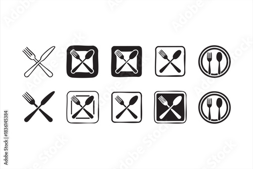 Restaurant Cutlery Icon Set with Fork, Knife, Spoon, and Plate Symbols