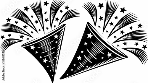 Illustration of two party hats with stars and fireworks in black and white design style graphic