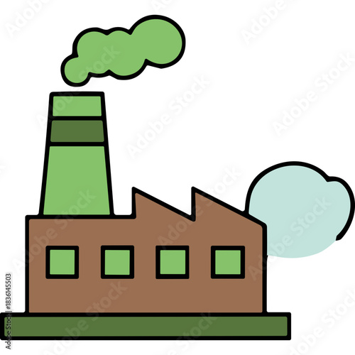 Green Factory Building With Brown Walls And Light Blue Smoke Emitting From Stack And Side On Black Background