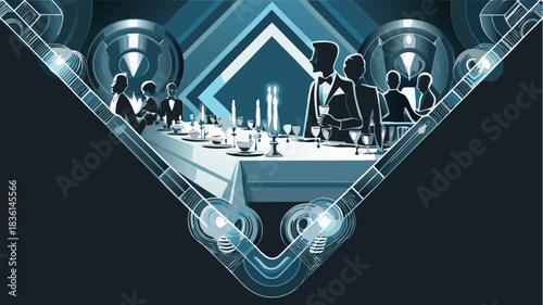 Elegant dinner party with silhouetted figures and geometric design elements in a cool color palette