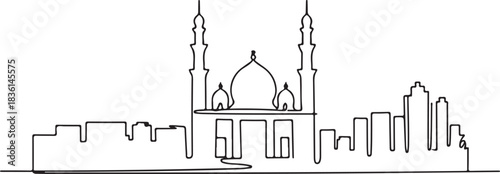 Continuous line illustration of the Cairo skyline with Al Azhar domes in a minimal elegant outline drawing