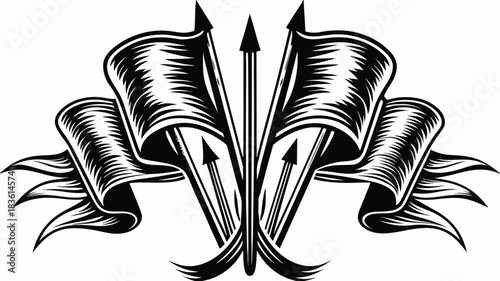 Illustration of three arrows pointing upwards with two flags and a decorative ribbon design