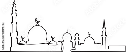 Continuous line illustration of the Cairo skyline with the Citadel and mosque domes in a minimal elegant outline drawing