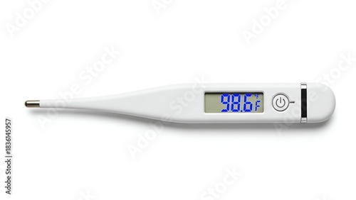 A digital thermometer displays a normal human body temperature against a white background