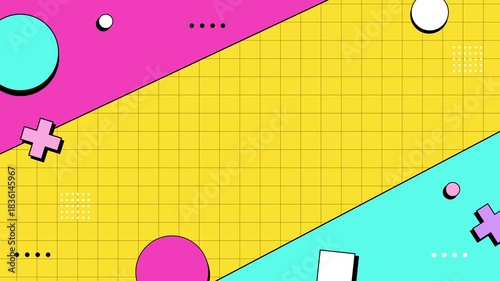 Playful Memphis geometric background with clean grid and empty copy space for text or titles. Ideal for intro, presentation, template, animation, kids theme, or creative visual projects.