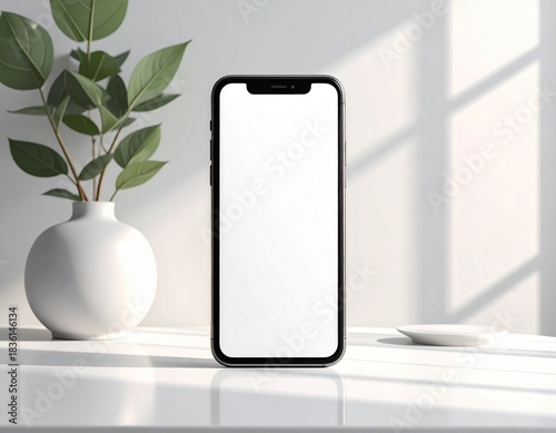 Modern Smartphone Mockup with Blank White Screen in a Minimalist Bright Setting for App UI or Website Design Showcase