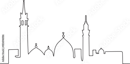 Continuous line illustration of the Cairo skyline with Khan el Khalili rooftops in a minimal elegant outline drawing