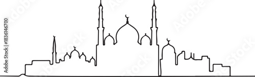Continuous line illustration of the Cairo skyline with a mosque cluster silhouette in a minimal elegant outline drawing
