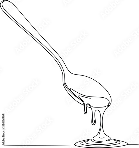 One continuous line drawing of a dessert spoon pouring viscous liquid like honey or syrup, forming a sweet puddle on a clean white surface.