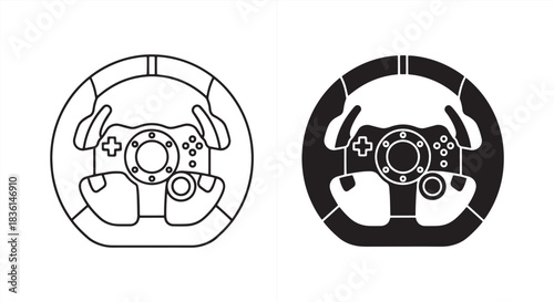Gaming steering wheel icon isolated on, controller for racing game