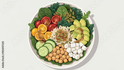 Enjoy vibrant vegetarian salad with fresh avocado and feta for lunch