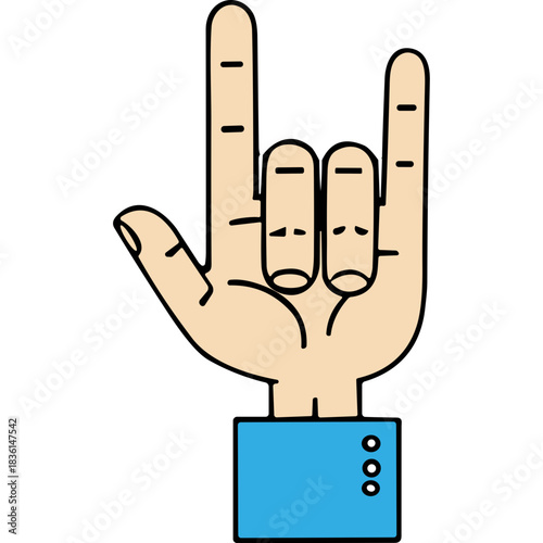 Hand Showing Rock On Gesture With Light Skin Tone And Blue Cuff In A Minimalist Style Against A Black Background Symbolizing Excitement Or Musical Performance