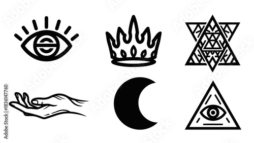 A collection of six distinct black and white symbols, including an eye, a crown, a geometric shape, a hand, a crescent moon, and an all-seeing eye within a triangle.