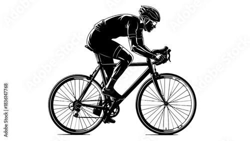 Dynamic black and white illustration of a male cyclist in an aerodynamic racing posture on a road bike.