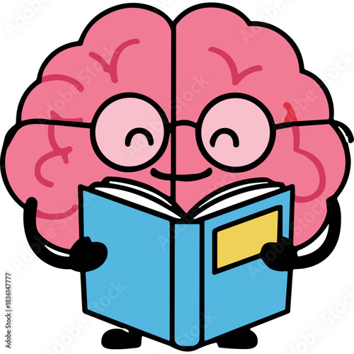 Happy Pink Brain Wearing Glasses Reading a Book with a Smiling Face and Closed Eyes