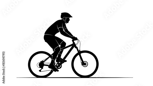 Silhouette of a cyclist riding a mountain bike with helmet and knee pads.