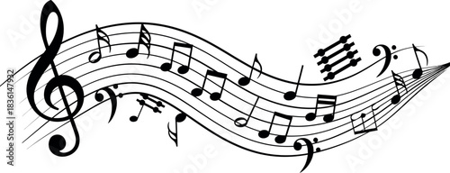 Flowing musical staff with notes, treble clef, and bass clefs