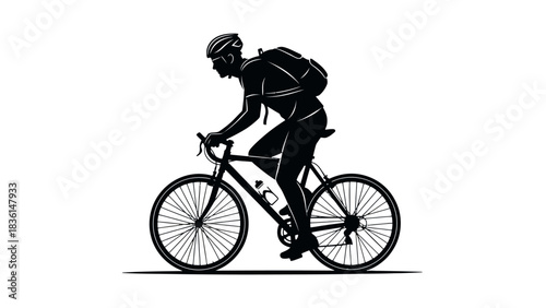 Silhouette of a cyclist with a backpack riding a road bike, emphasizing speed and movement.