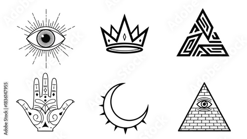Collection of various mystical and spiritual symbols, including eyes, crowns, and hands.