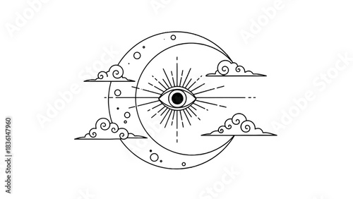 Mystical line art of an all-seeing eye within a crescent moon surrounded by clouds.