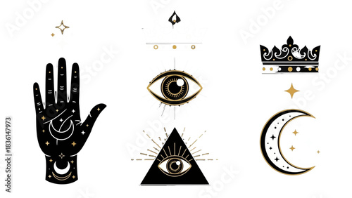 A collection of mystical and occult symbols including a palmistry hand, the all-seeing eye, a crown, and a crescent moon with stars.