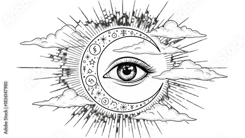 Mystical crescent moon with an all-seeing eye surrounded by sun rays and clouds, line art illustration.