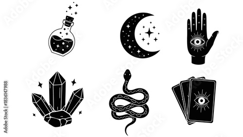 A set of black and white mystical and magical symbols, including a potion, moon, hand, crystals, snake, and tarot cards.