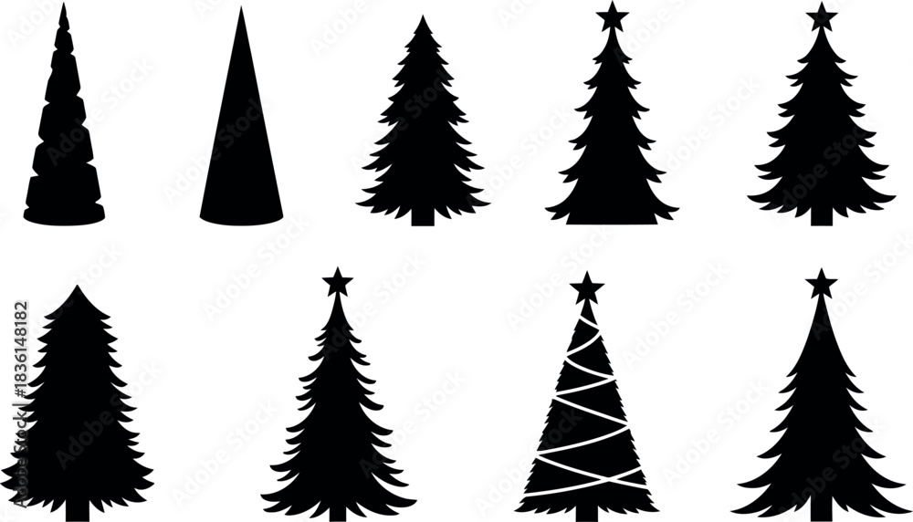 Obraz premium Diverse christmas tree silhouettes set for holiday designs vector