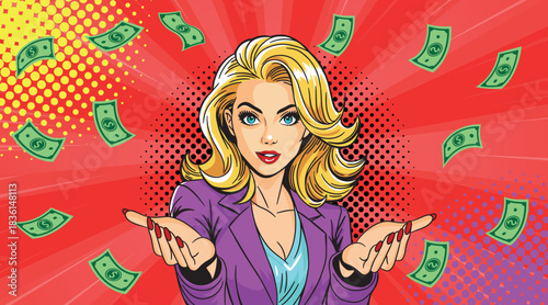 A beautiful woman surprised by falling money in a pop art retro style