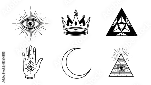 A collection of six black and white esoteric and mystical symbols including the all-seeing eye, crown, and pyramid.